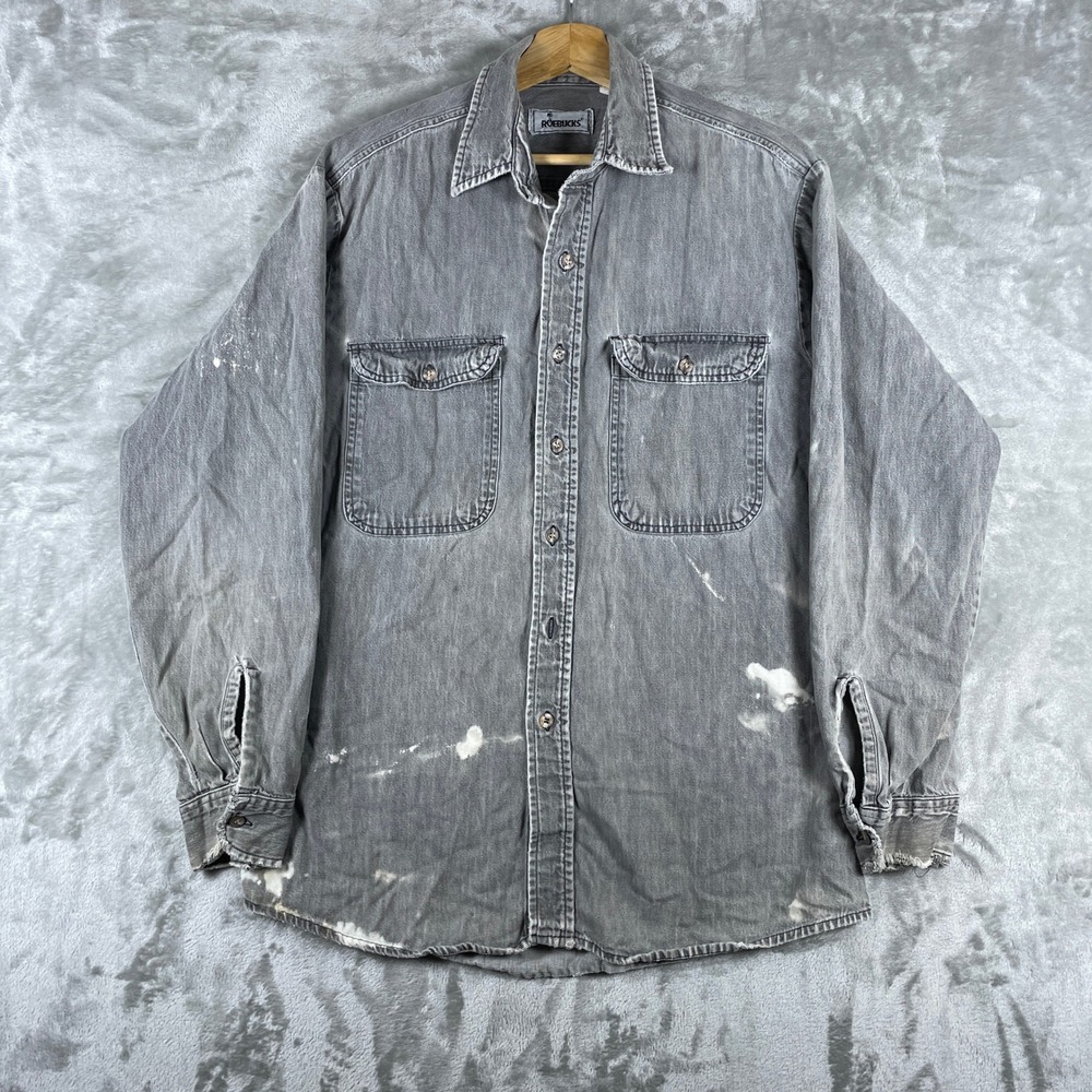 Vintage 80s Sear Roebucks Denim Shirt Mens Large Faded Black Gray Distressed USA